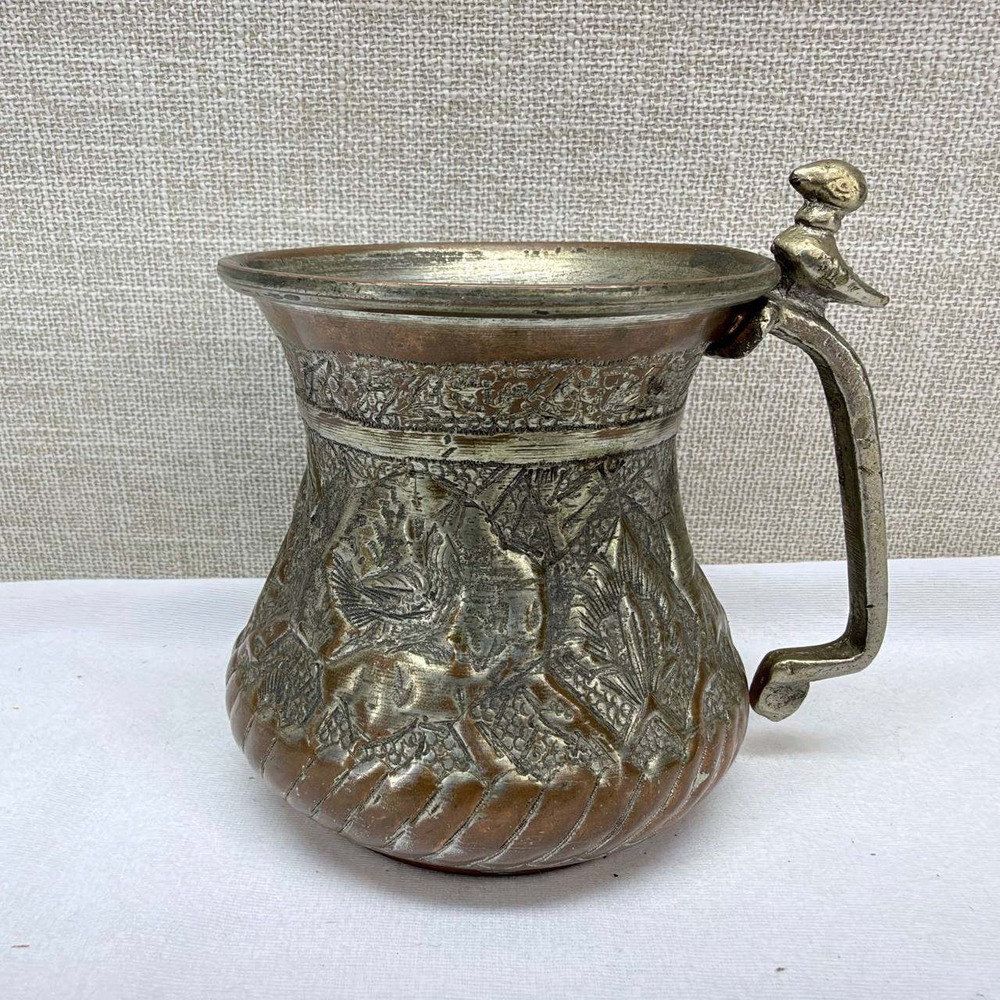 Antique Ottoman Copper Tankard Hand Chased Bird Finial Tin Wash Mug 4.5in